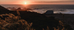 Ponta ruiva surf spot, parking with van, vanlife. beach break in background, sunset view